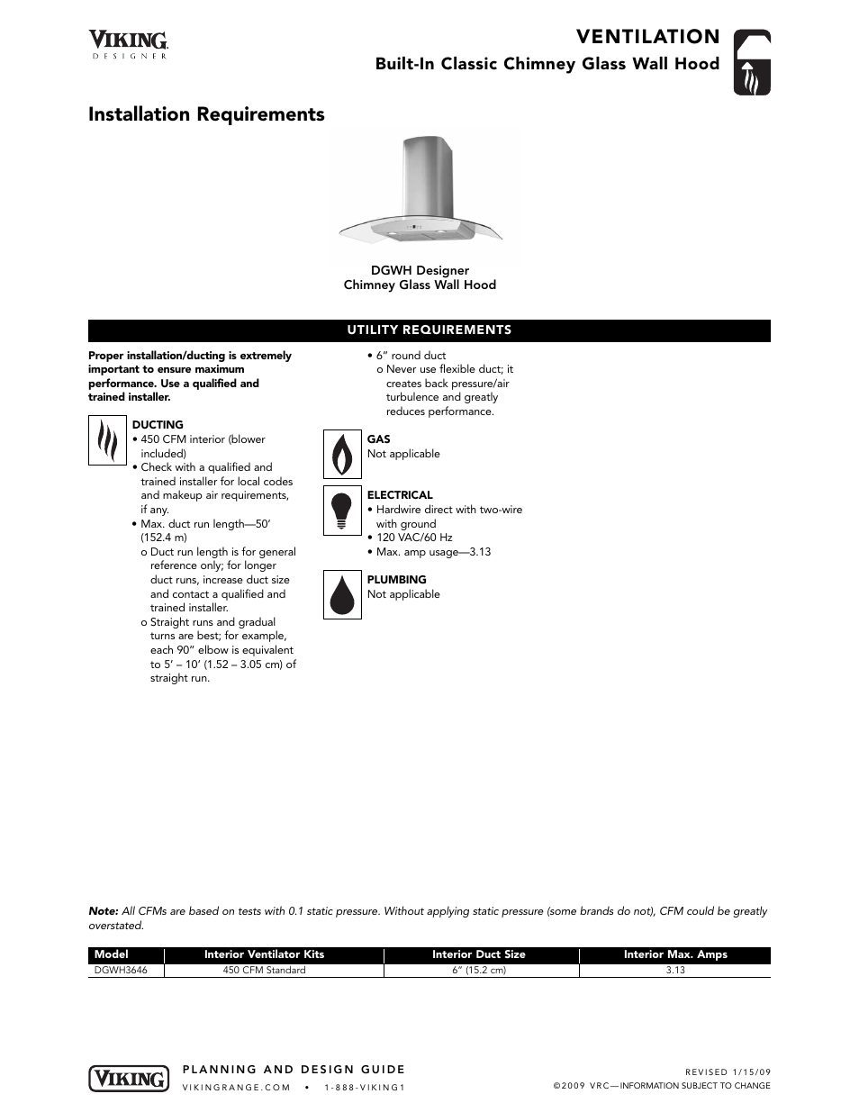 Ventilation, Installation requirements, Built-in classic chimney glass wall hood | Viking DGWH User Manual | Page 4 / 6