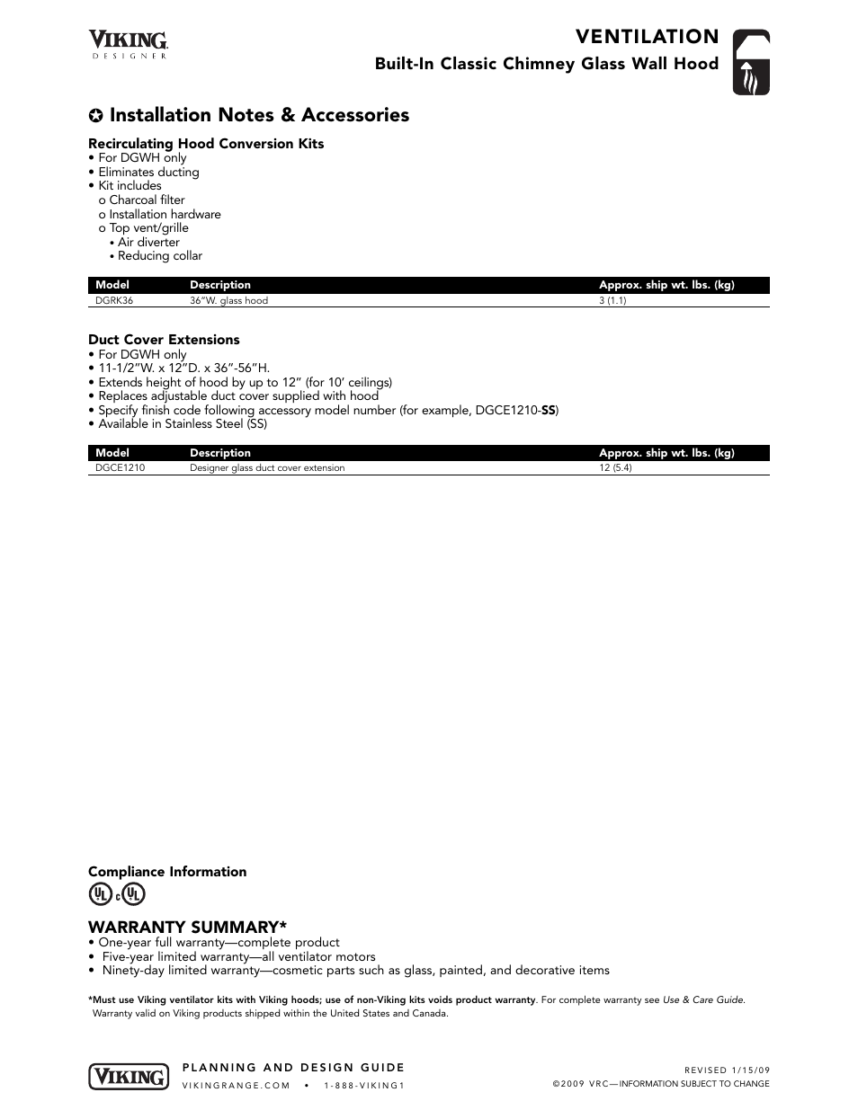 Ventilation, Built-in classic chimney glass wall hood, Warranty summary | Viking DGWH User Manual | Page 5 / 6