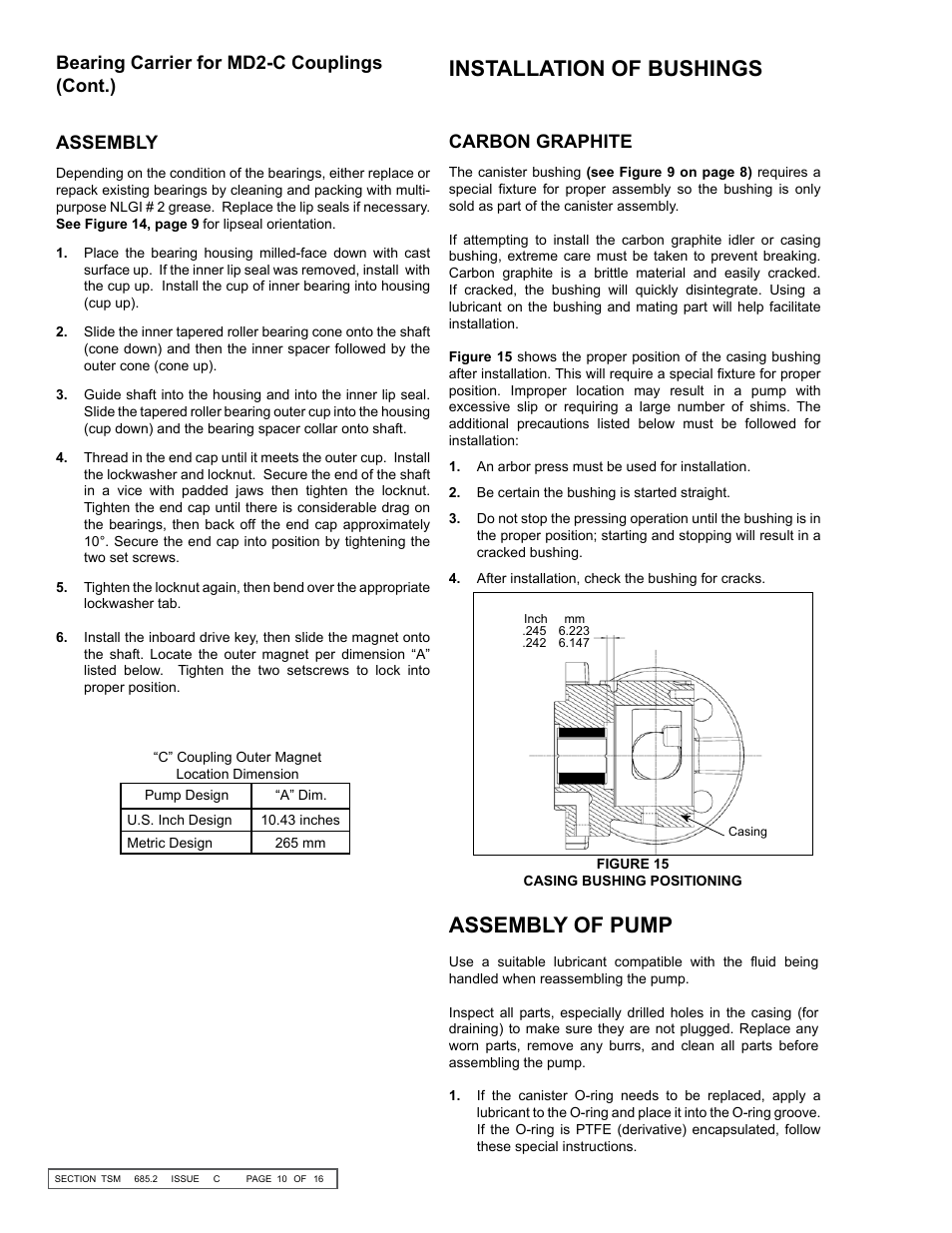 Installation of bushings, Assembly of pump, Carbon graphite | Assembly, Bearing carrier for md2-c couplings (cont.) | Viking MAG DRIVE 855 User Manual | Page 10 / 16