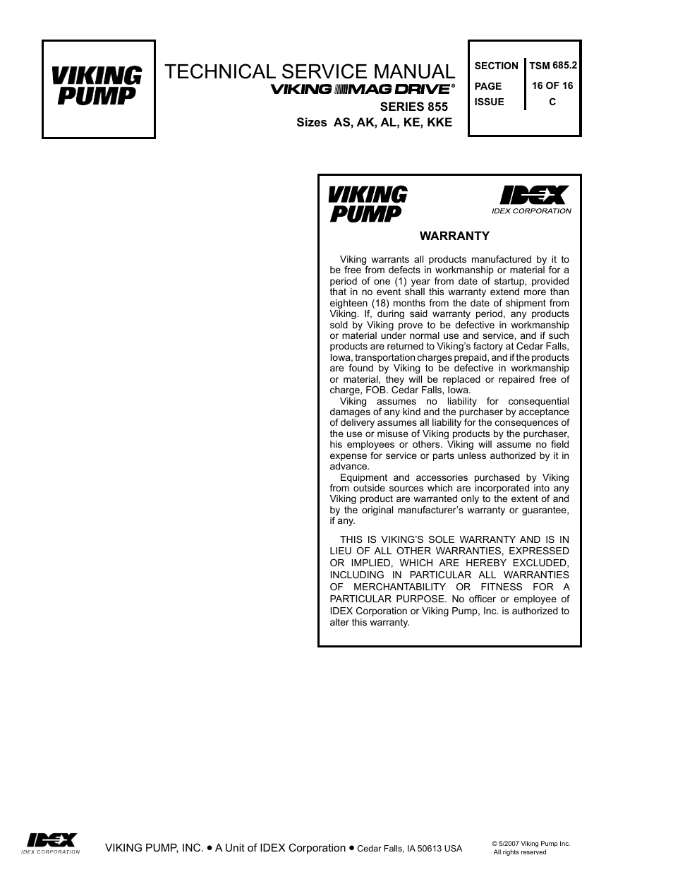 Technical service manual | Viking MAG DRIVE 855 User Manual | Page 16 / 16