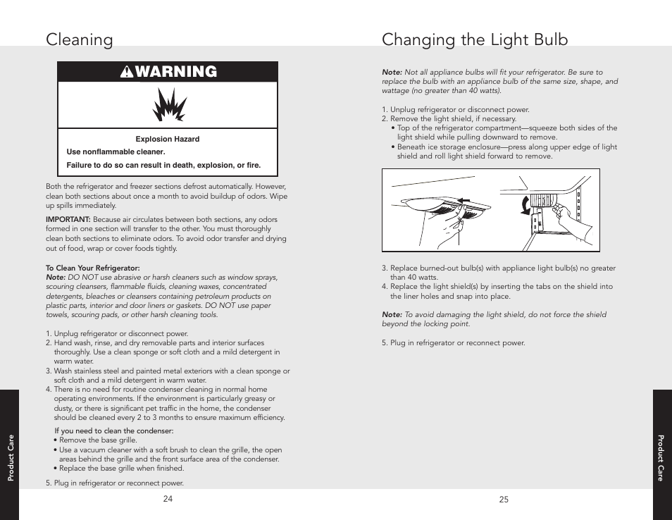 Cleaning, Changing the light bulb, Warning | Viking W10345054 User Manual | Page 13 / 18