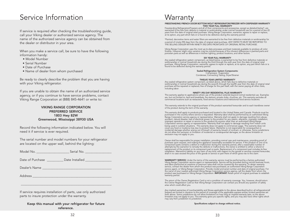 Service information, Warranty, Service information warranty | Viking W10345054 User Manual | Page 17 / 18