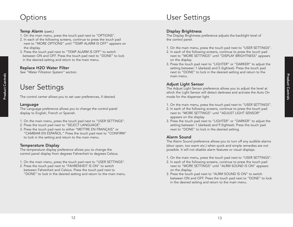 User settings, Options user settings, Options | Viking W10345054 User Manual | Page 7 / 18