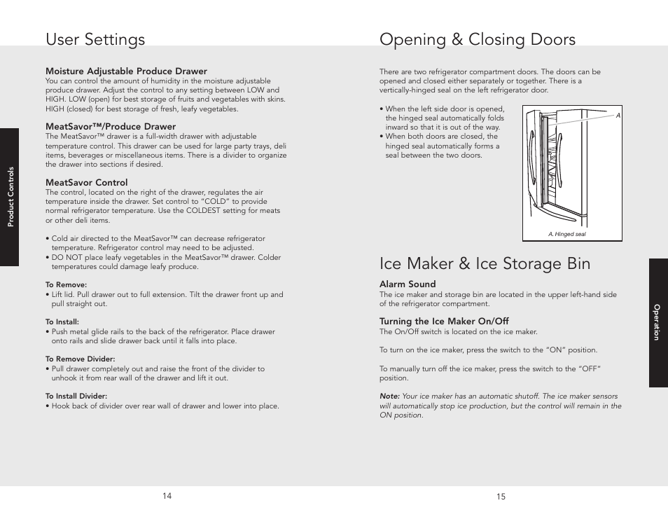 Opening & closing doors, Ice maker & ice storage bin, User settings | Viking W10345054 User Manual | Page 8 / 18