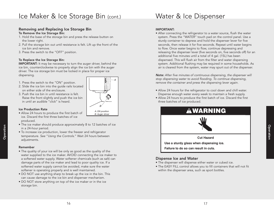 Water & ice dispenser, Ice maker & ice storage bin, Warning | Cont.) | Viking W10345054 User Manual | Page 9 / 18