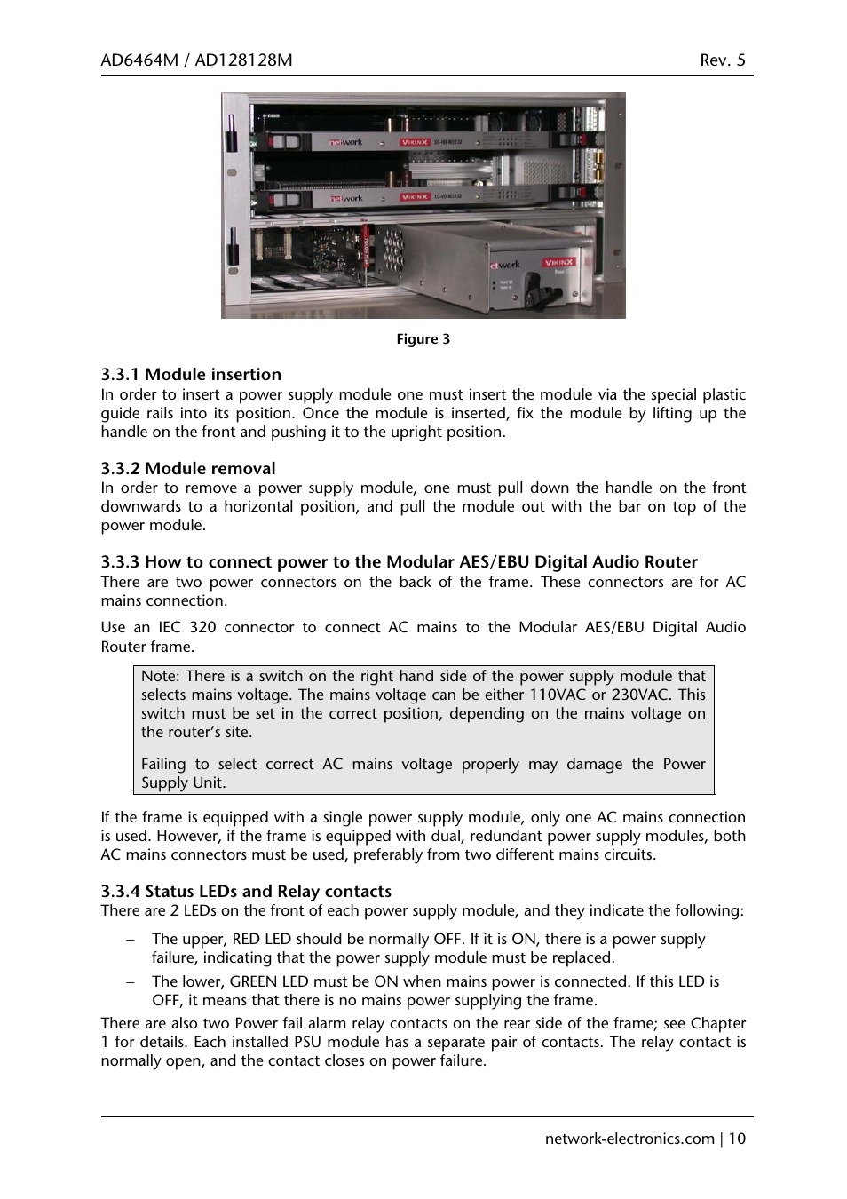Module insertion, 2 module removal, 4 status leds and relay contacts | 1 module insertion | Viking AD128128M User Manual | Page 10 / 29