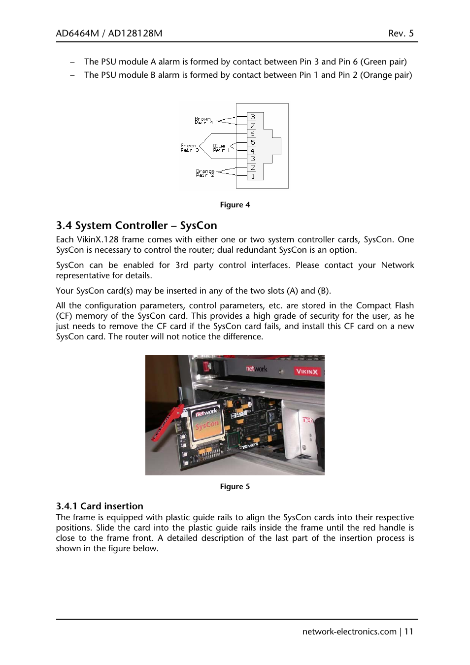 4 system controller – syscon, 1 card insertion | Viking AD128128M User Manual | Page 11 / 29