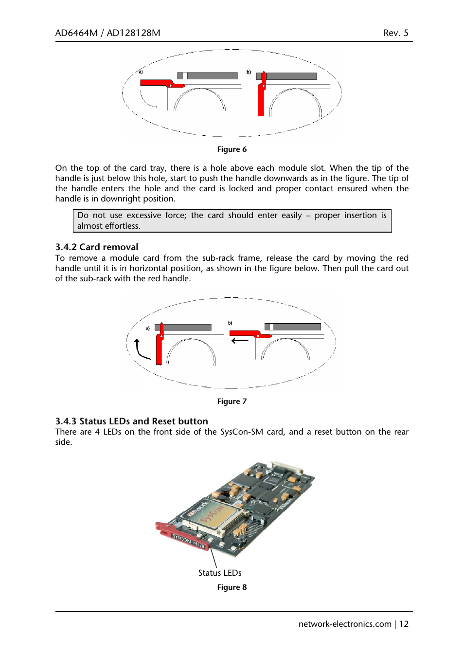 2 card removal, 3 status leds and reset button | Viking AD128128M User Manual | Page 12 / 29