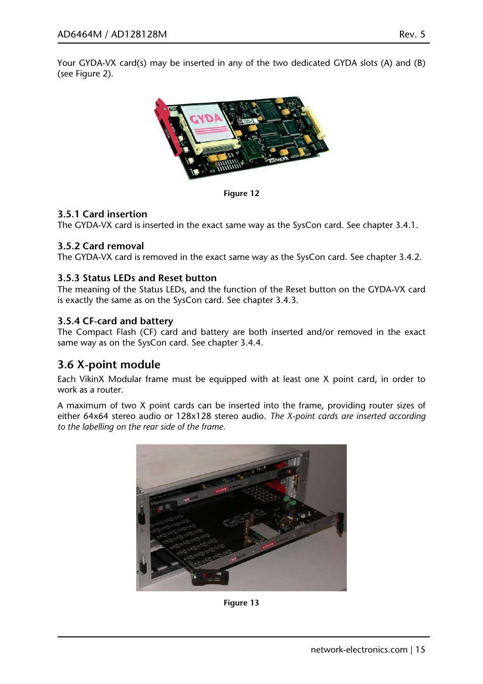 1 card insertion, 2 card removal, 3 status leds and reset button | 4 cf-card and battery, 6 x-point module | Viking AD128128M User Manual | Page 15 / 29