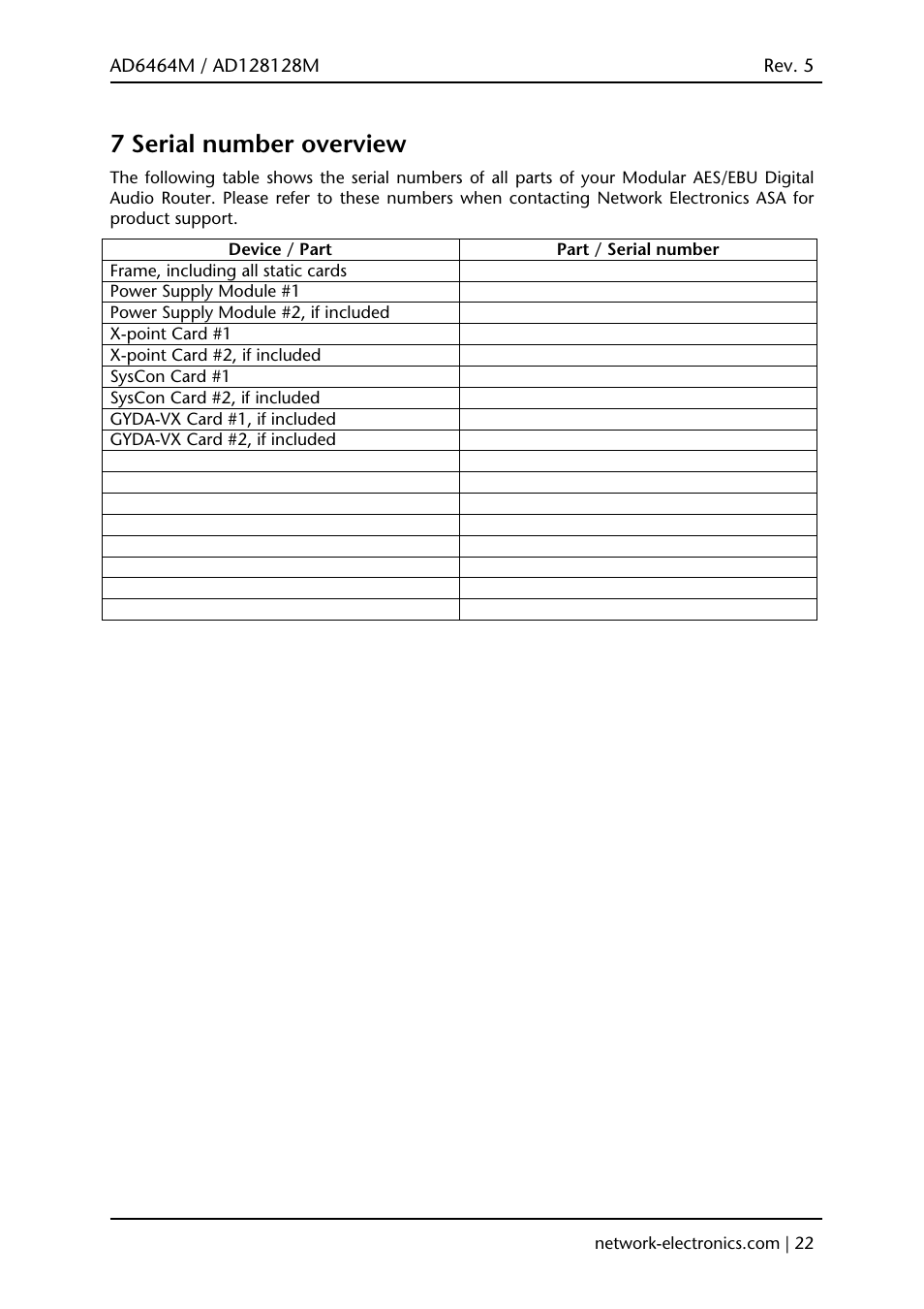 7 serial number overview | Viking AD128128M User Manual | Page 22 / 29