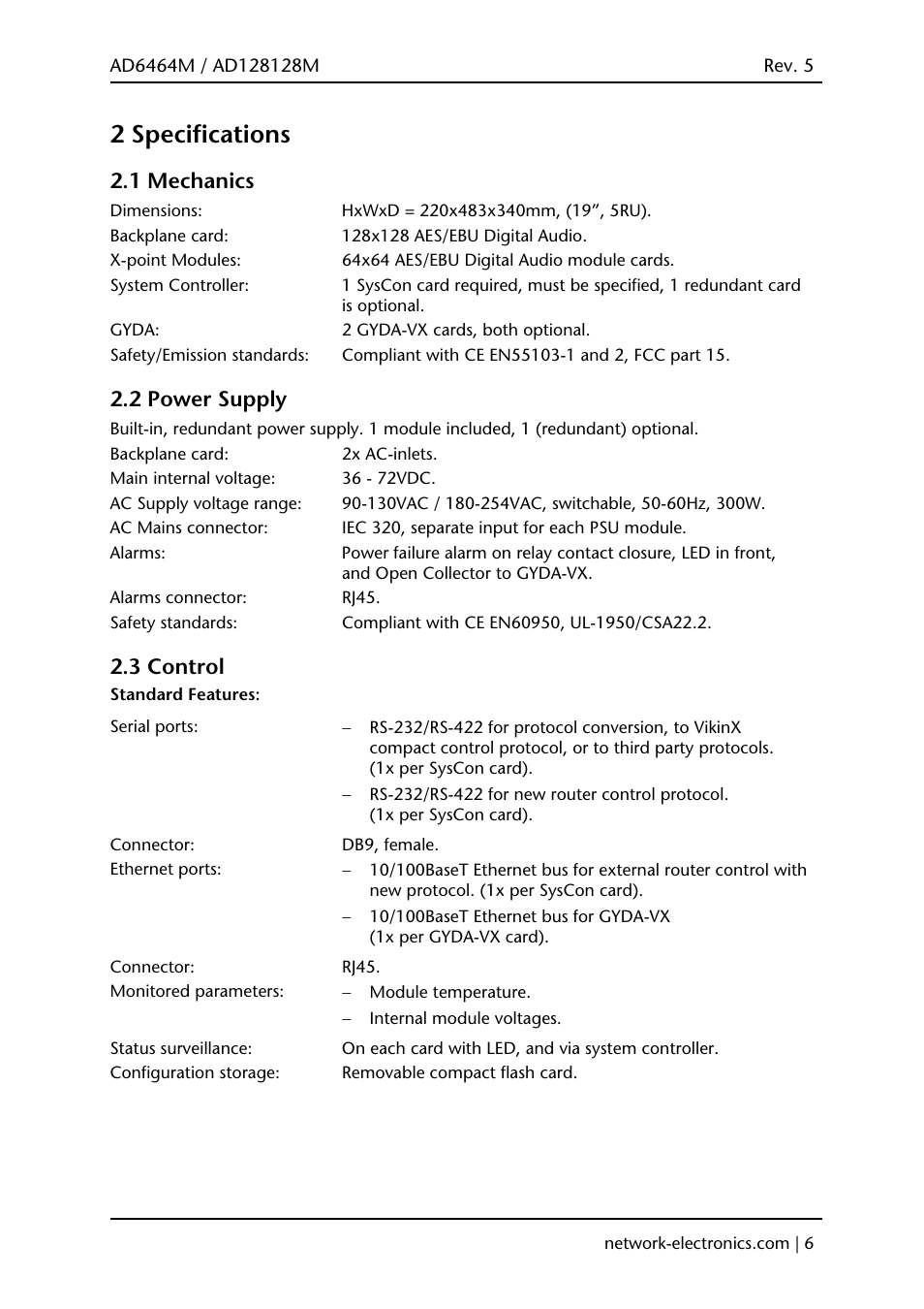 2 specifications, 1 mechanics, 2 power supply | 3 control | Viking AD128128M User Manual | Page 6 / 29