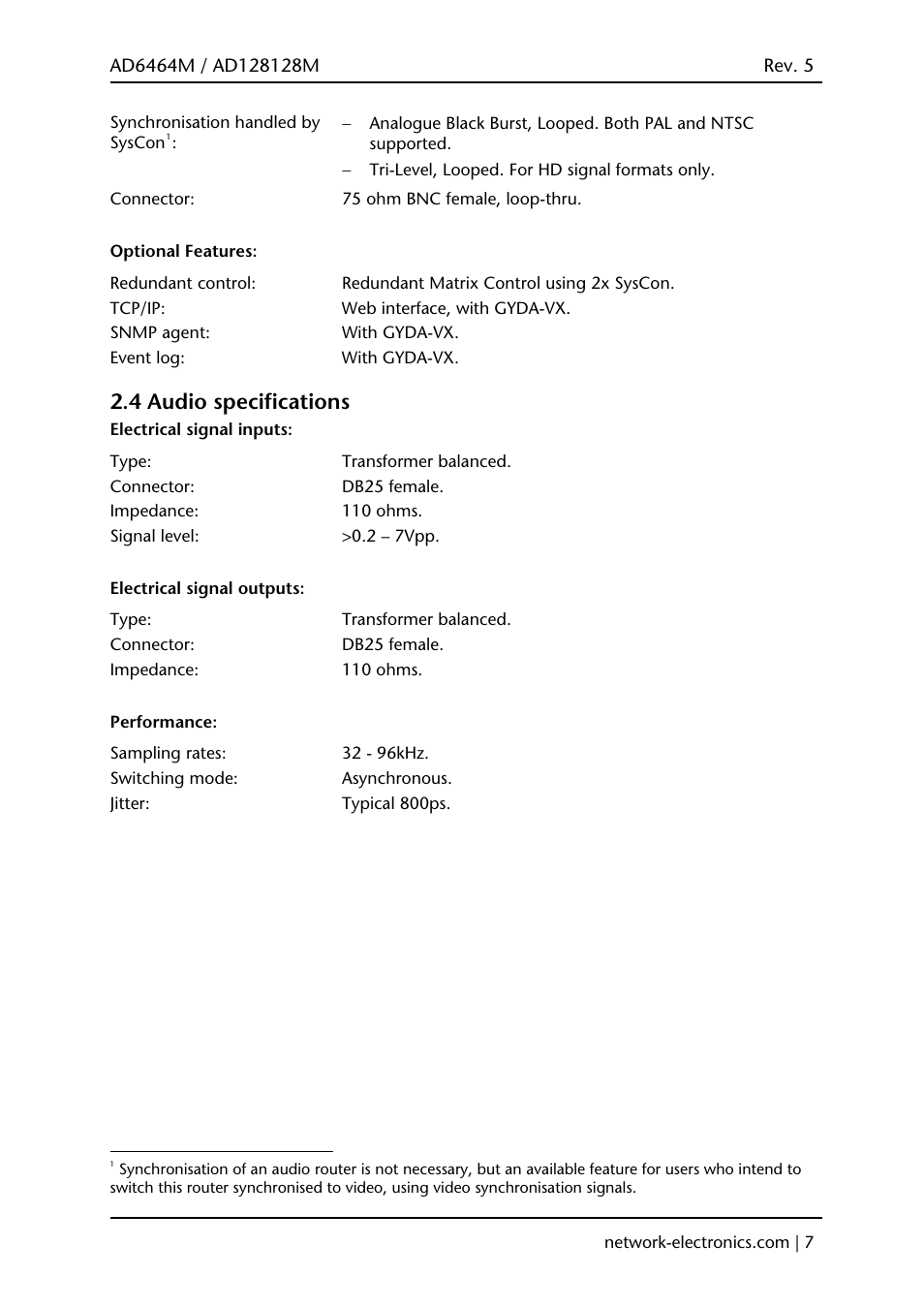 4 audio specifications | Viking AD128128M User Manual | Page 7 / 29