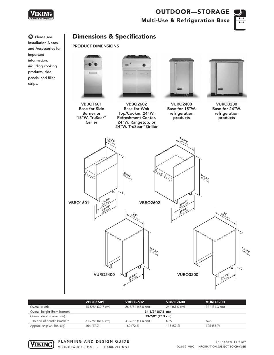 Outdoor—storage, Dimensions & specifications, Multi-use & refrigeration base | Viking VBBO2602 User Manual | Page 2 / 5