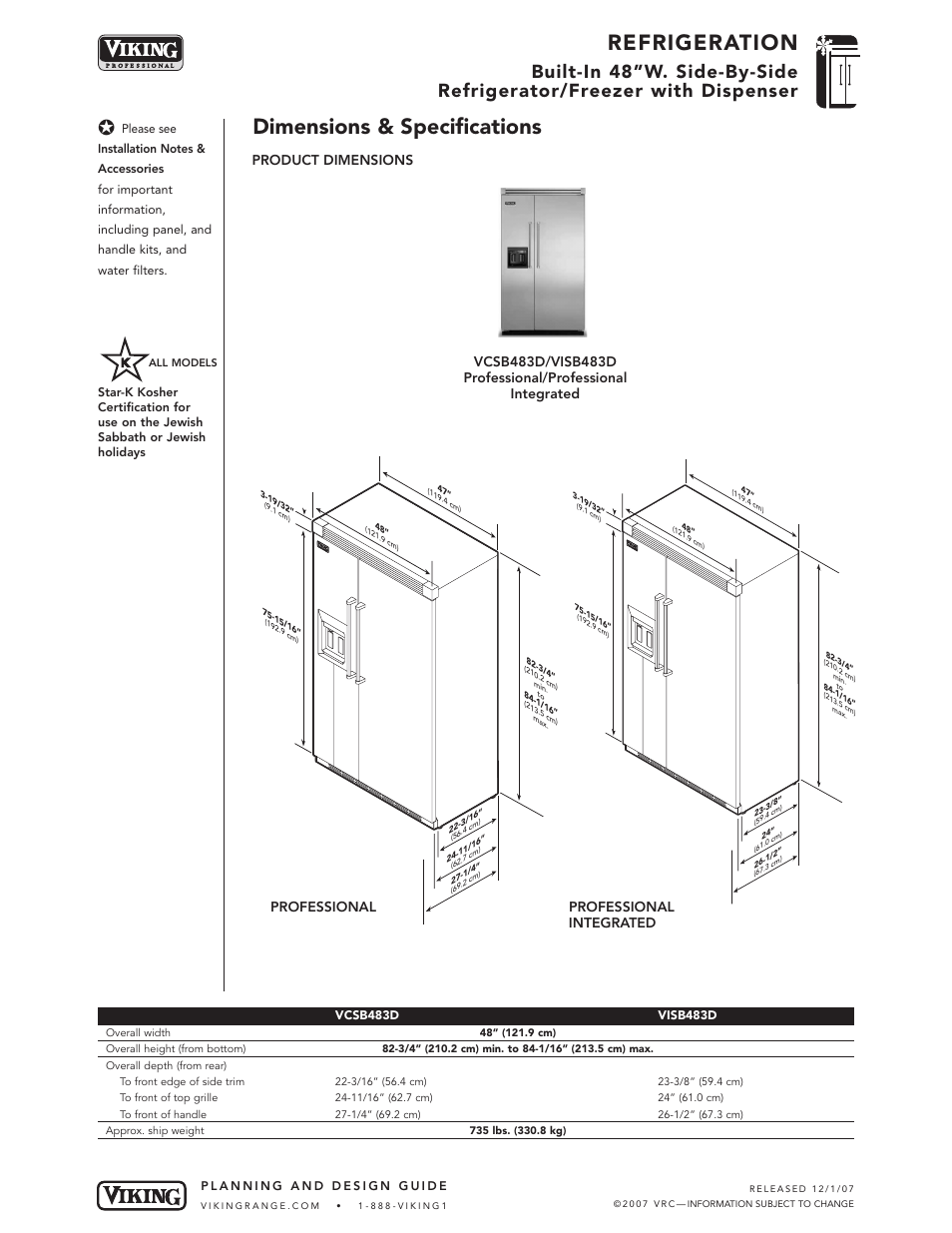 Refrigeration, Dimensions & specifications, Professional professional integrated | Product dimensions | Viking VCSB483D User Manual | Page 2 / 8