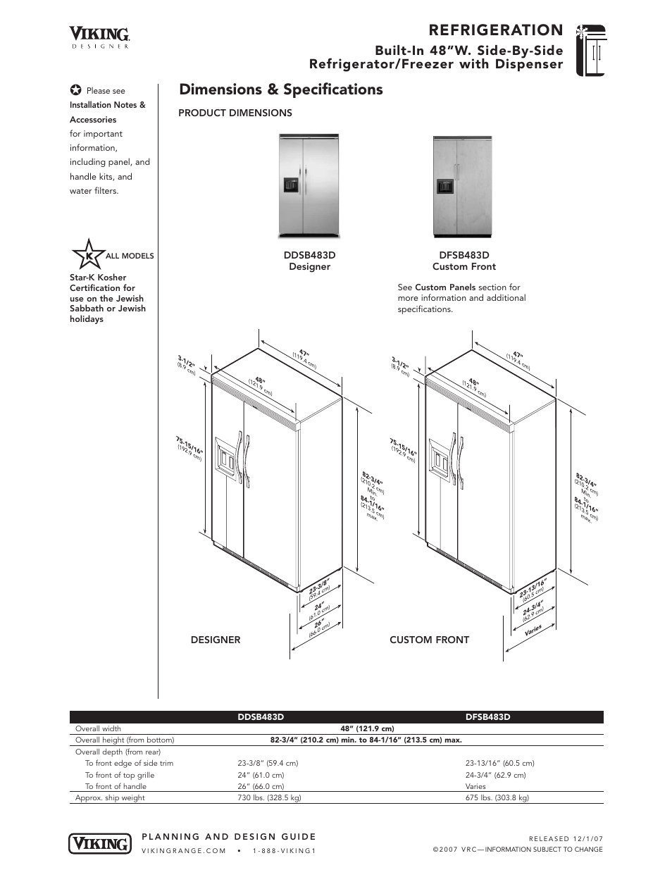 Refrigeration, Dimensions & specifications, Designer | Product dimensions, Custom front | Viking VCSB483D User Manual | Page 3 / 8