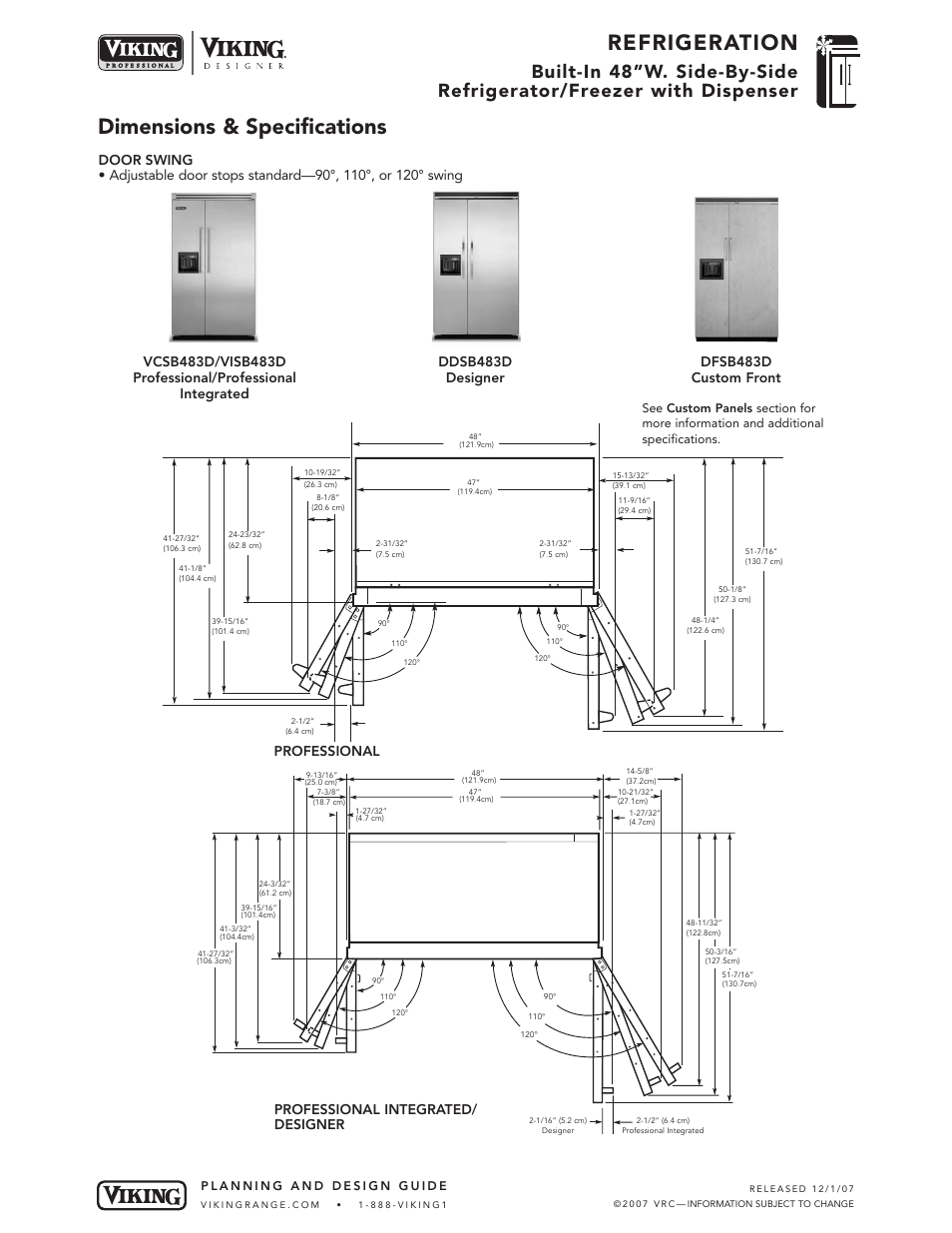 Refrigeration, Dimensions & specifications, Professional integrated/ designer professional | Viking VCSB483D User Manual | Page 4 / 8