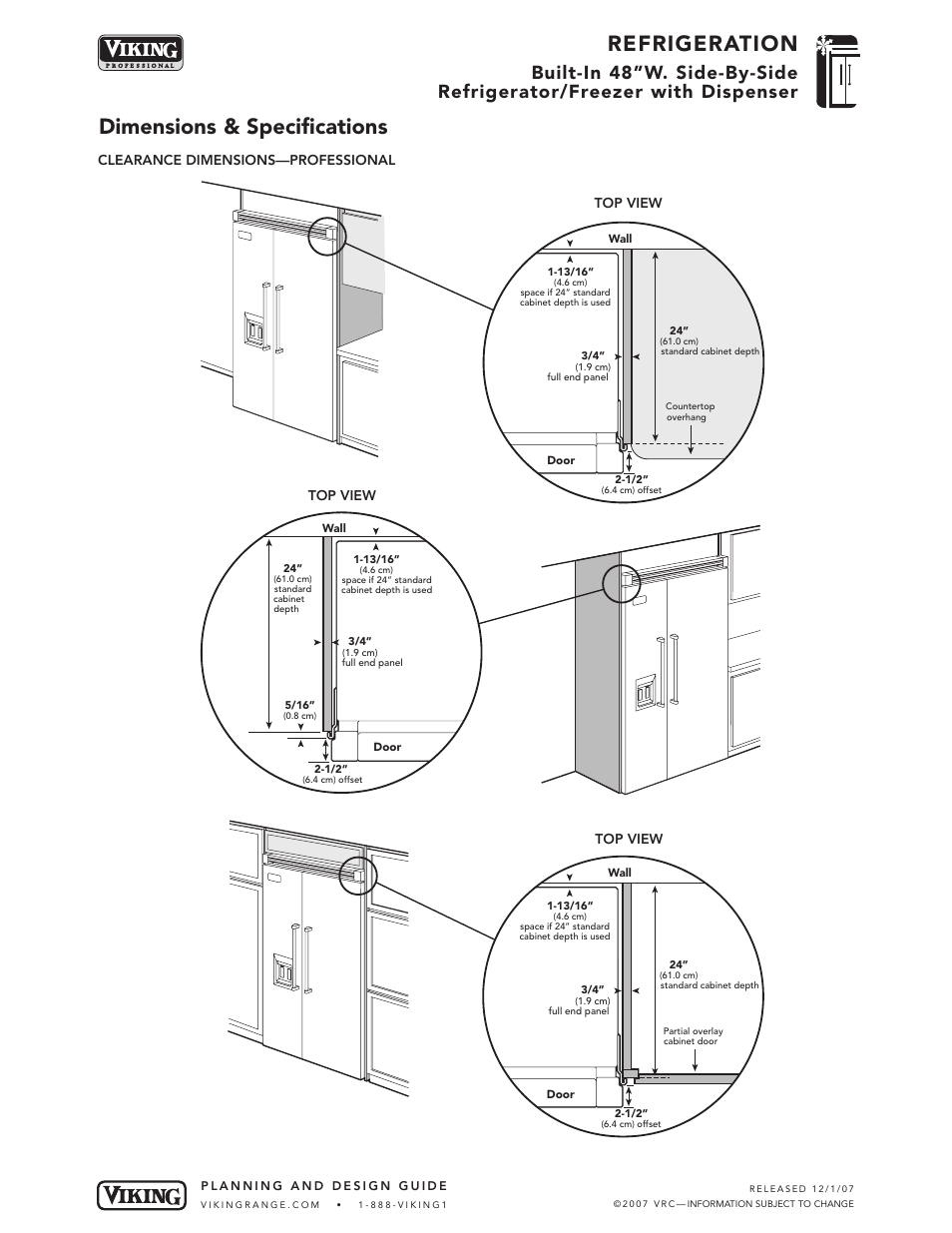 Refrigeration, Dimensions & specifications | Viking VCSB483D User Manual | Page 5 / 8