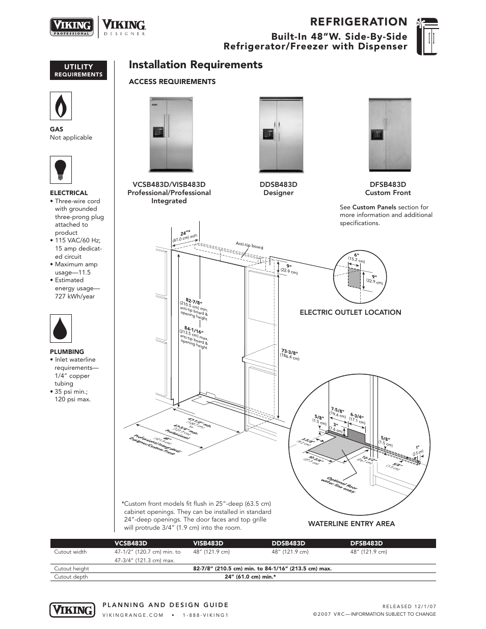 Refrigeration, Installation requirements, Utility | Access requirements, Electric outlet location waterline entry area | Viking VCSB483D User Manual | Page 7 / 8