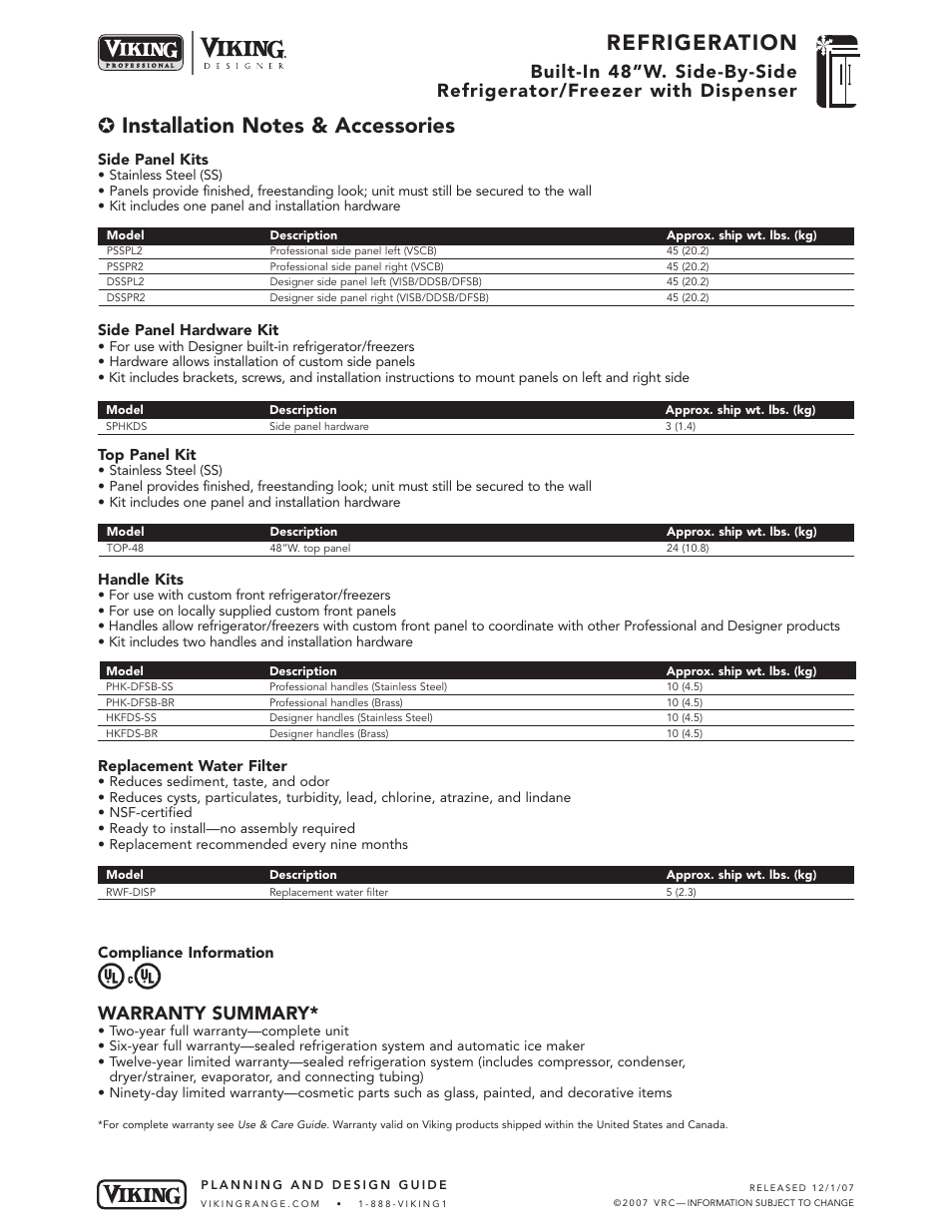 Refrigeration, Warranty summary | Viking VCSB483D User Manual | Page 8 / 8