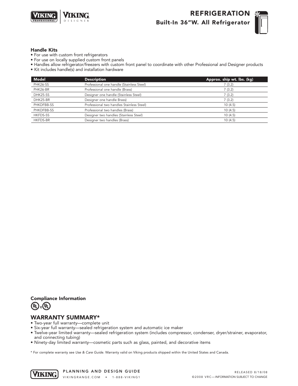 Refrigeration, Built-in 36”w. all refrigerator, Warranty summary | Handle kits, Compliance information | Viking DDRB364 User Manual | Page 10 / 10