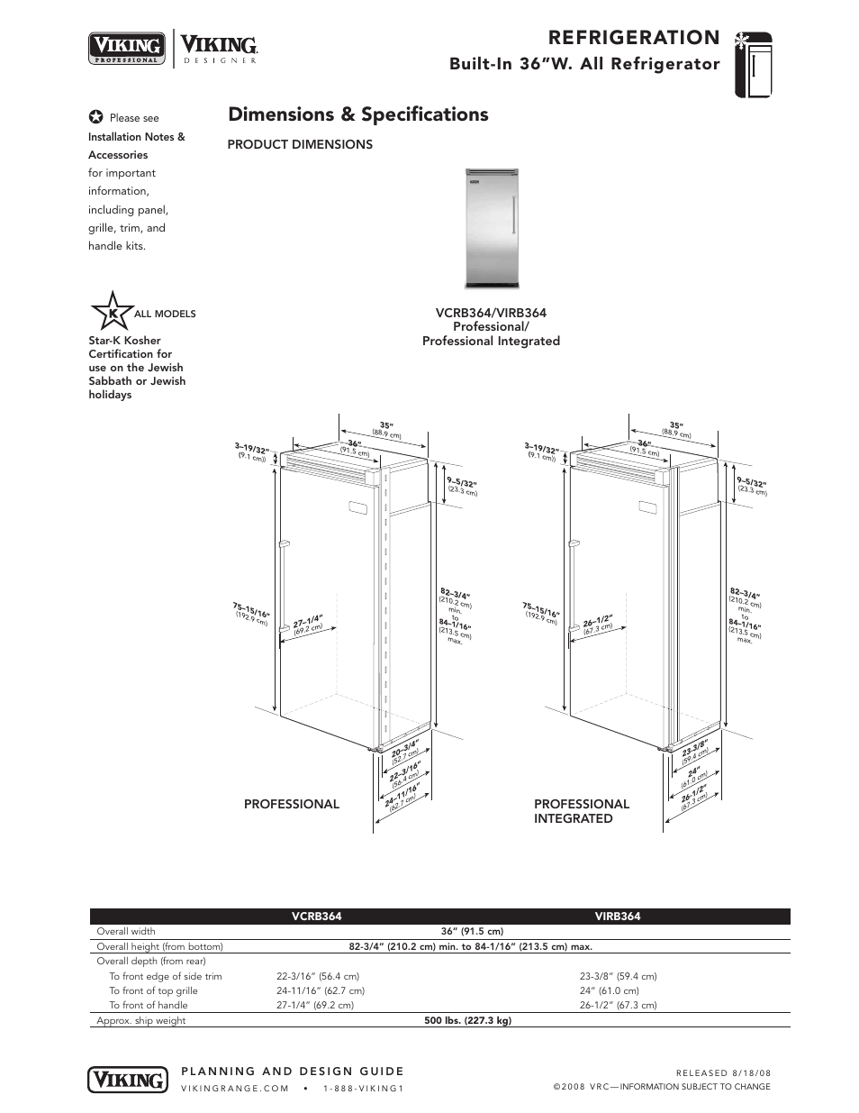 Refrigeration, Dimensions & specifications, Built-in 36”w. all refrigerator | Product dimensions | Viking DDRB364 User Manual | Page 2 / 10