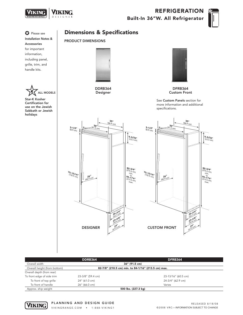 Refrigeration, Dimensions & specifications, Built-in 36”w. all refrigerator | Product dimensions, Custom front | Viking DDRB364 User Manual | Page 3 / 10