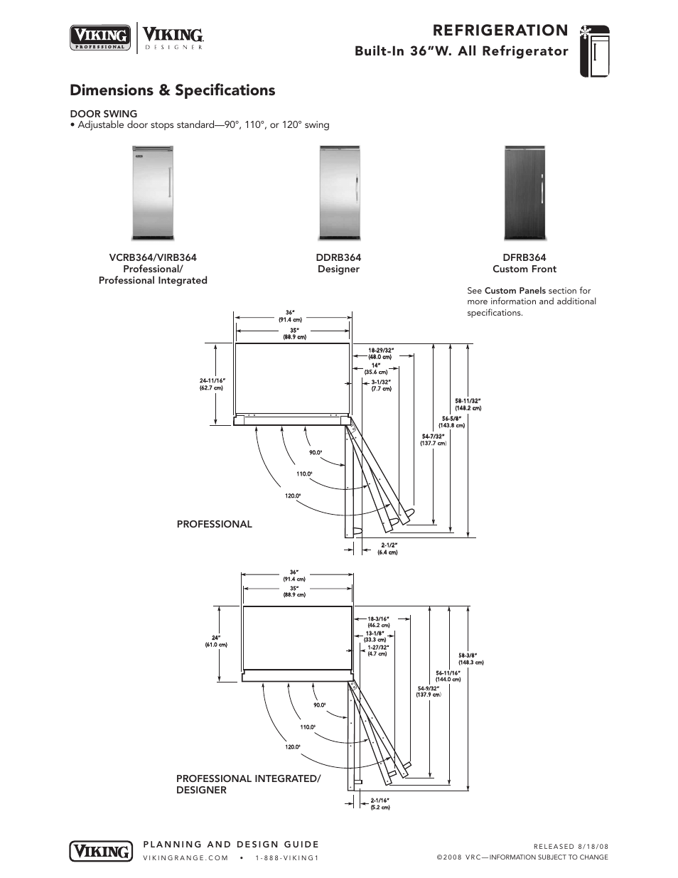 Refrigeration, Dimensions & specifications, Built-in 36”w. all refrigerator | Dfrb364 custom front, Professional professional integrated/ designer | Viking DDRB364 User Manual | Page 4 / 10