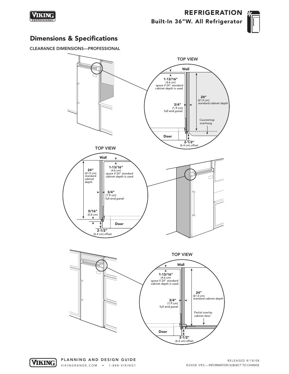 Refrigeration, Dimensions & specifications, Built-in 36”w. all refrigerator | Viking DDRB364 User Manual | Page 5 / 10