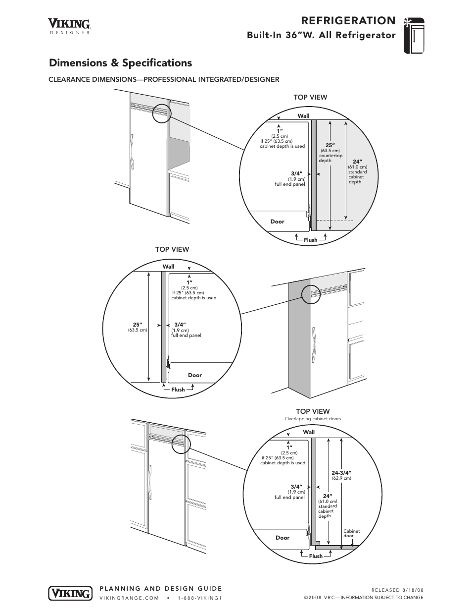 Refrigeration, Dimensions & specifications, Built-in 36”w. all refrigerator | Viking DDRB364 User Manual | Page 6 / 10