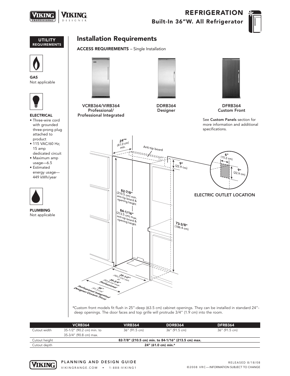 Refrigeration, Installation requirements, Built-in 36”w. all refrigerator | Viking DDRB364 User Manual | Page 7 / 10