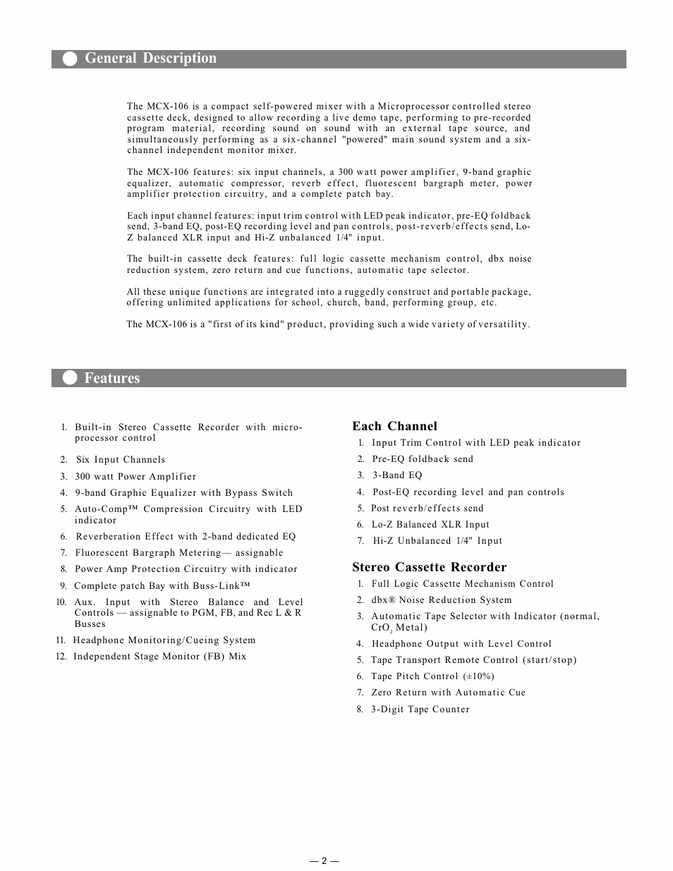 General description features, Stereo cassette recorder, Each channel | Viking MCX-106 User Manual | Page 3 / 16