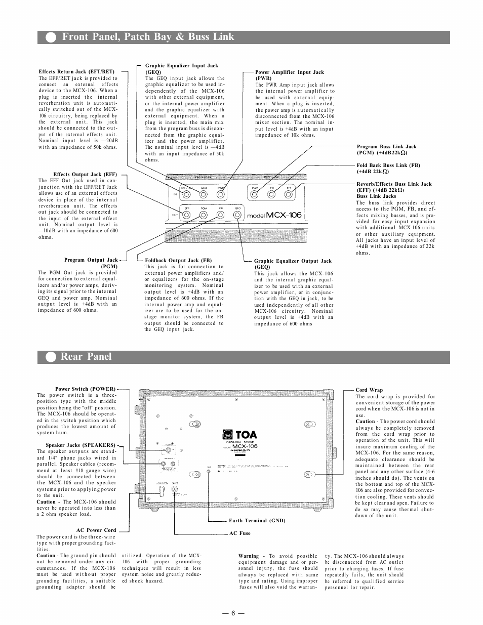 Front panel, patch bay & buss link, Rear panel | Viking MCX-106 User Manual | Page 7 / 16