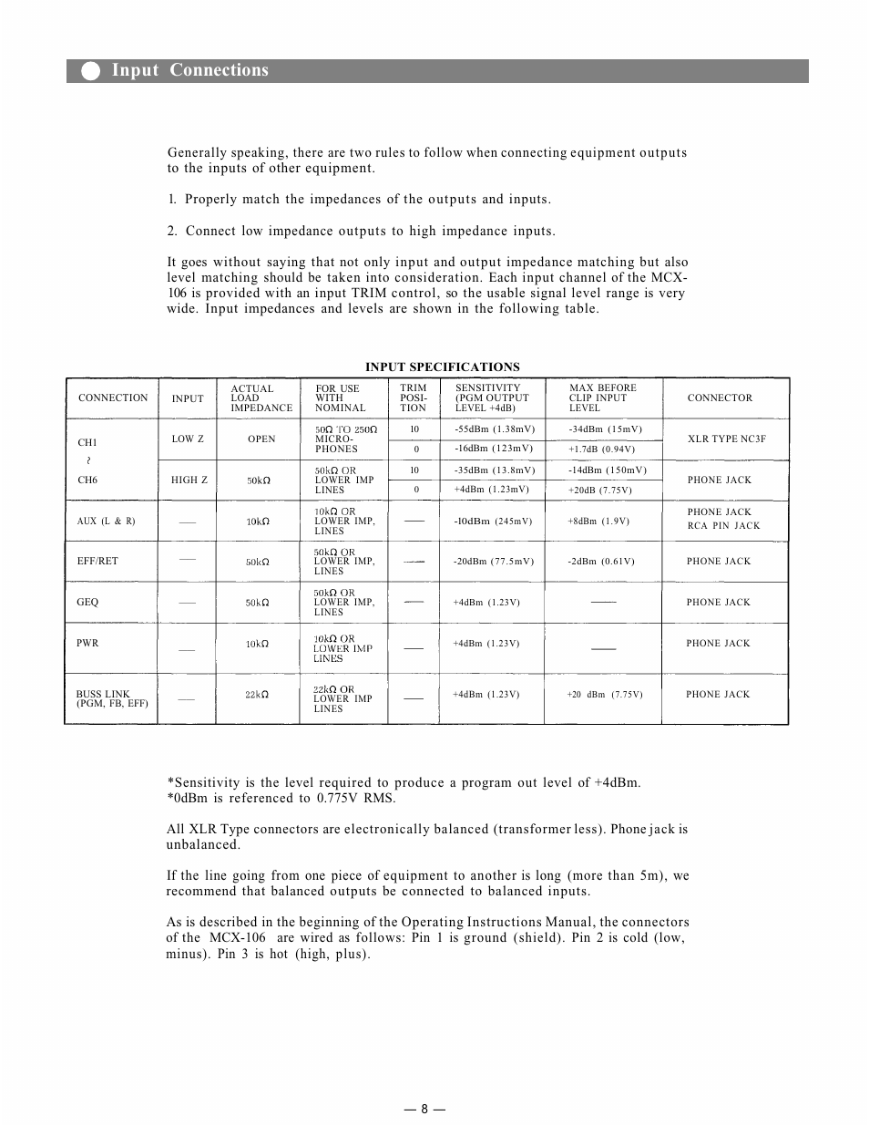 Input connections | Viking MCX-106 User Manual | Page 9 / 16
