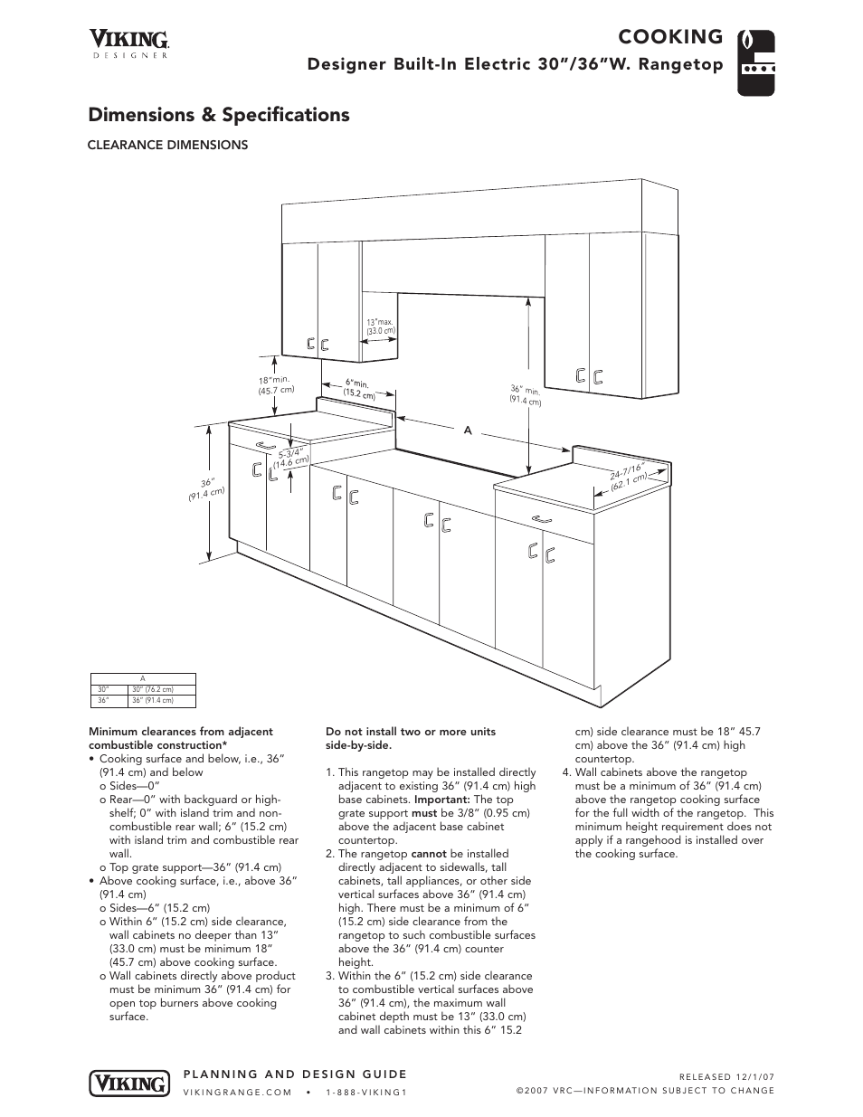 Cooking, Dimensions & specifications, Designer built-in electric 30”/36”w. rangetop | Viking DERT301-4B User Manual | Page 3 / 5