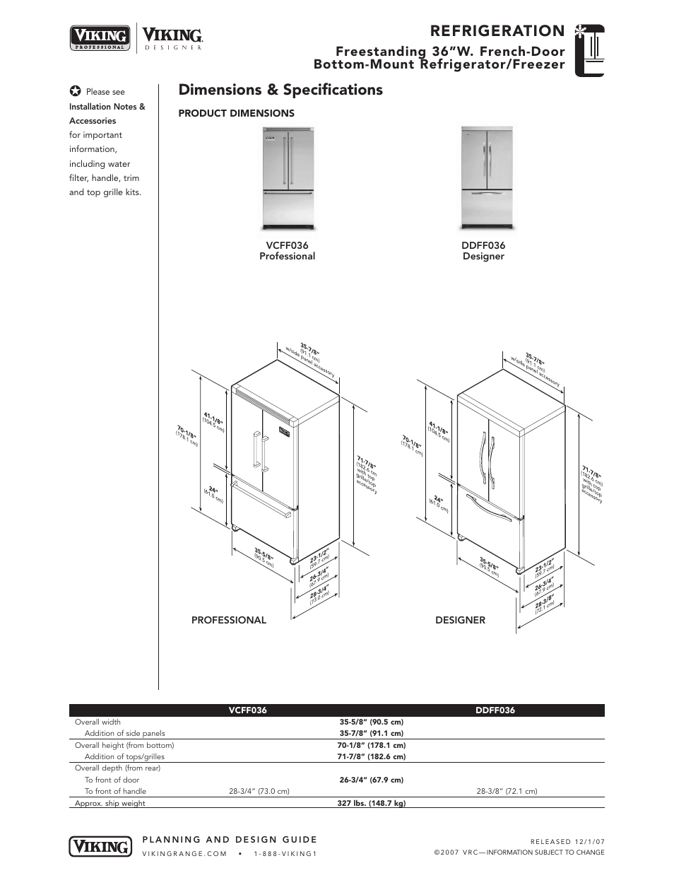 Refrigeration, Dimensions & specifications, Professional designer | Viking DDFF User Manual | Page 2 / 5