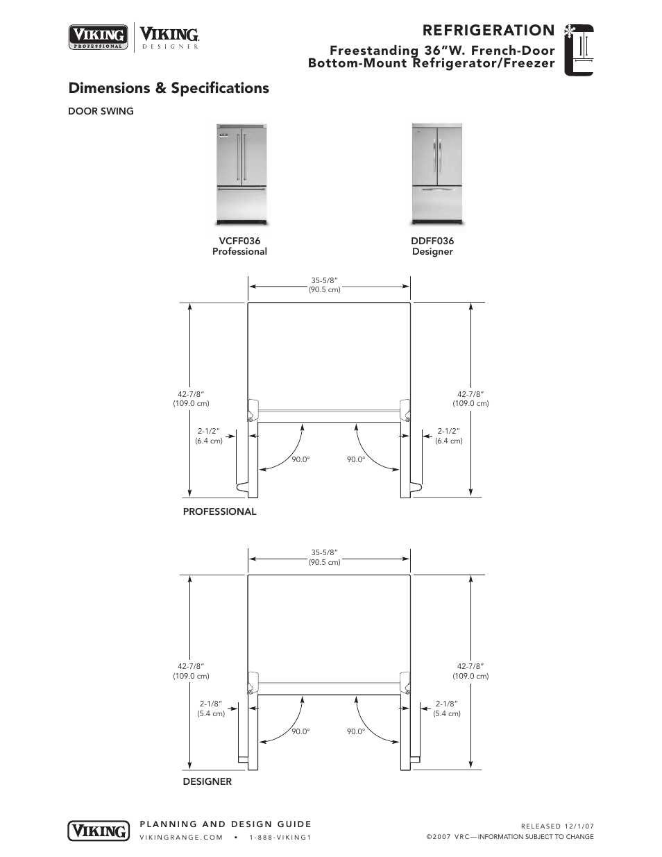 Refrigeration, Dimensions & specifications | Viking DDFF User Manual | Page 3 / 5