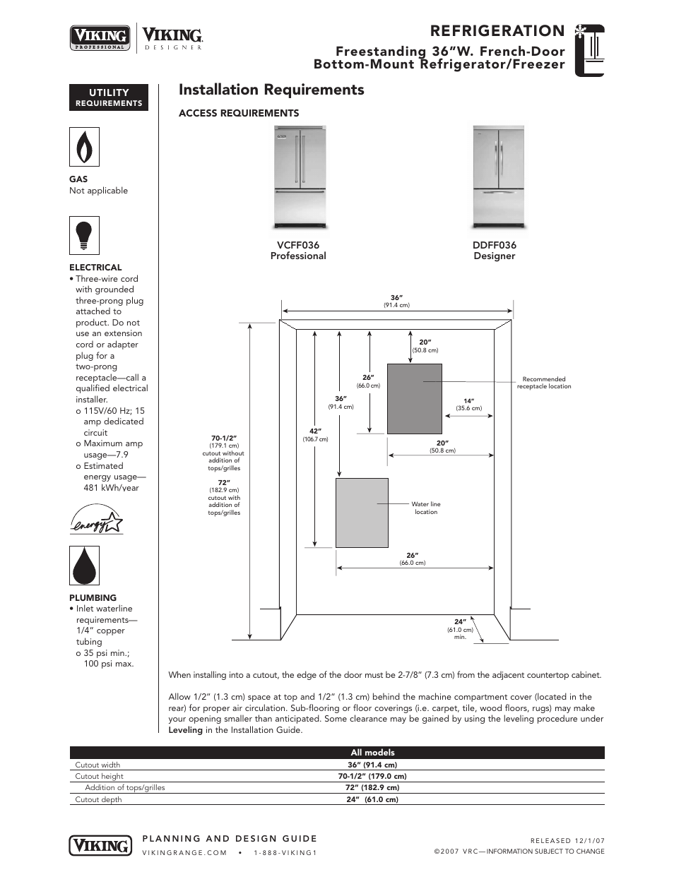 Refrigeration, Installation requirements | Viking DDFF User Manual | Page 4 / 5