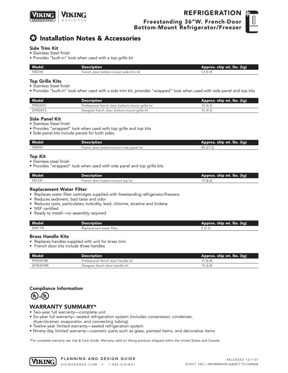 Refrigeration, Warranty summary | Viking DDFF User Manual | Page 5 / 5