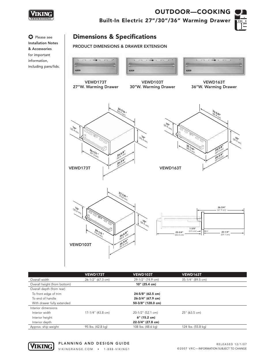 Outdoor—cooking, Dimensions & specifications, Product dimensions & drawer extension | Viking VEWD173T User Manual | Page 2 / 4