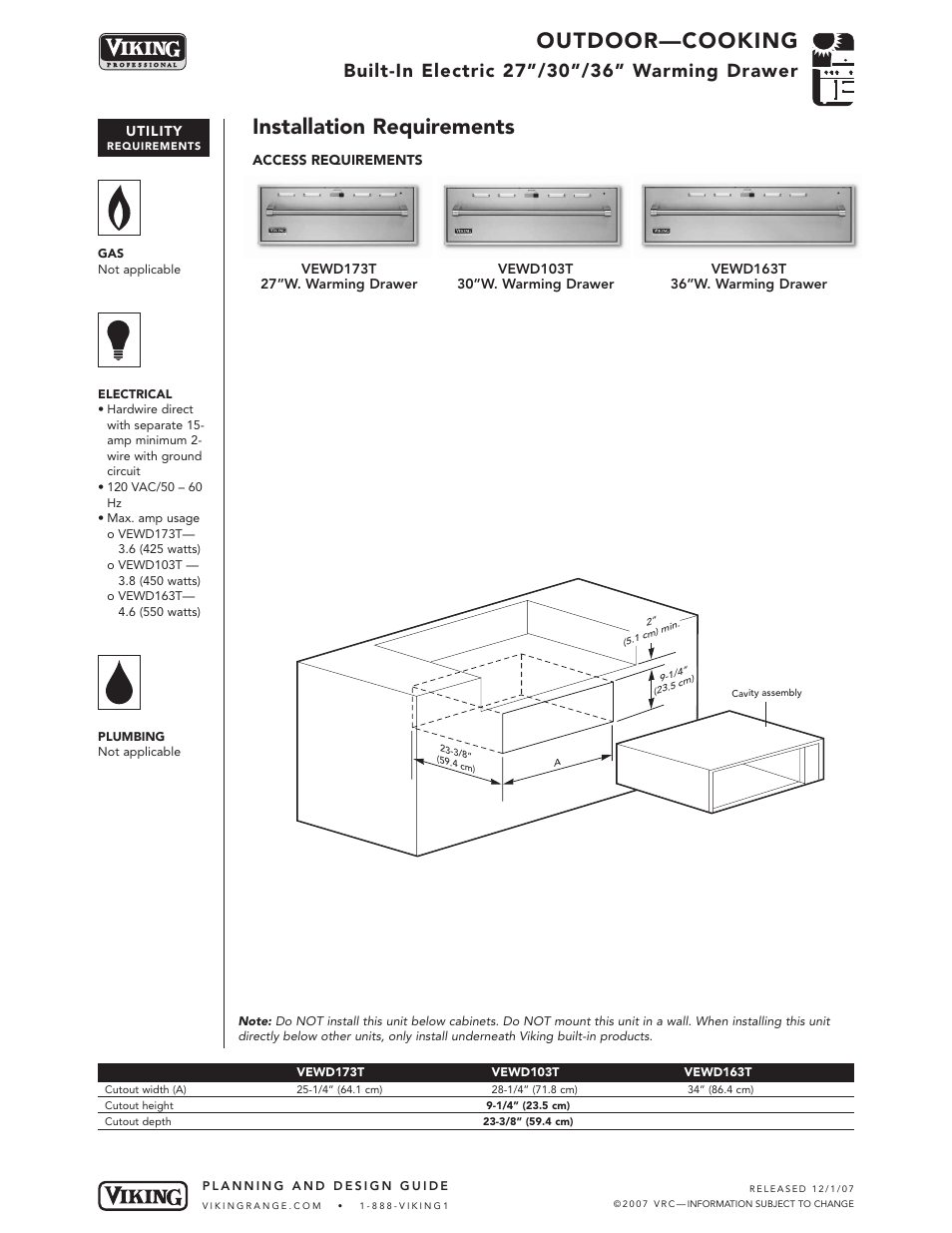 Outdoor—cooking, Installation requirements | Viking VEWD173T User Manual | Page 3 / 4