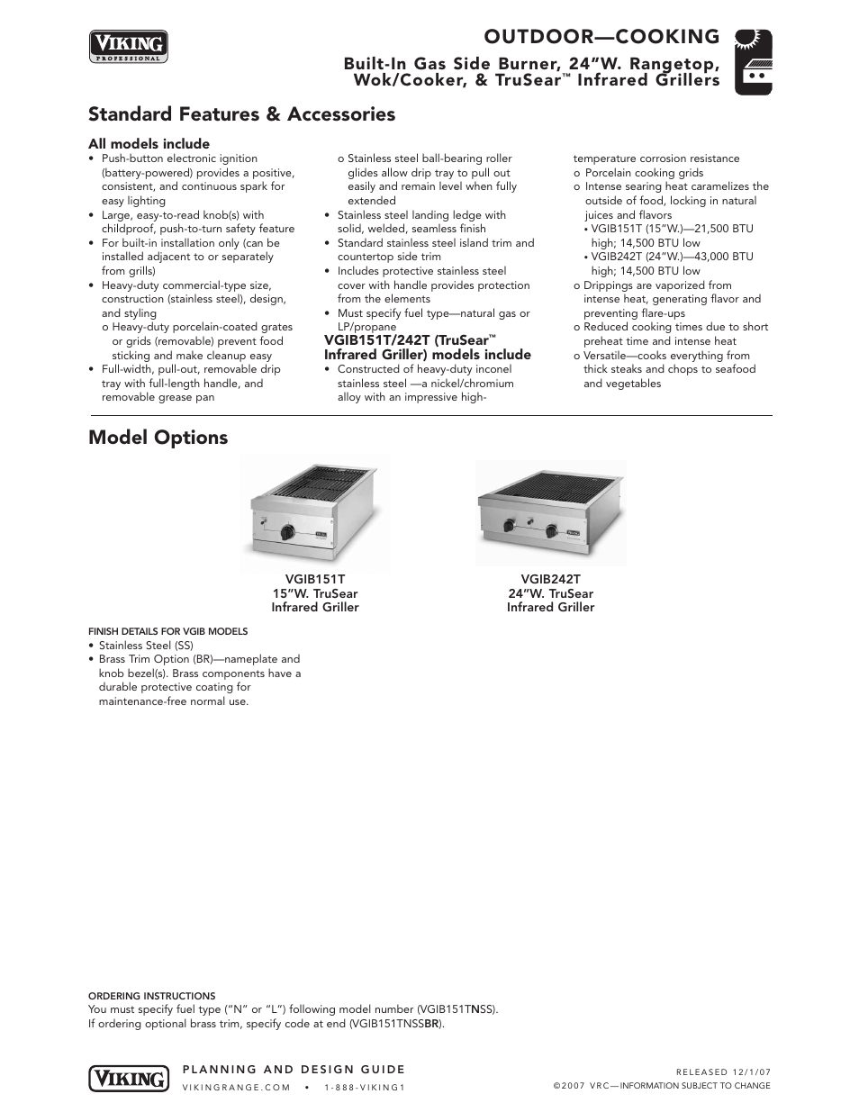 Outdoor—cooking, Standard features & accessories model options, Infrared grillers | Viking VGSB152T User Manual | Page 2 / 7