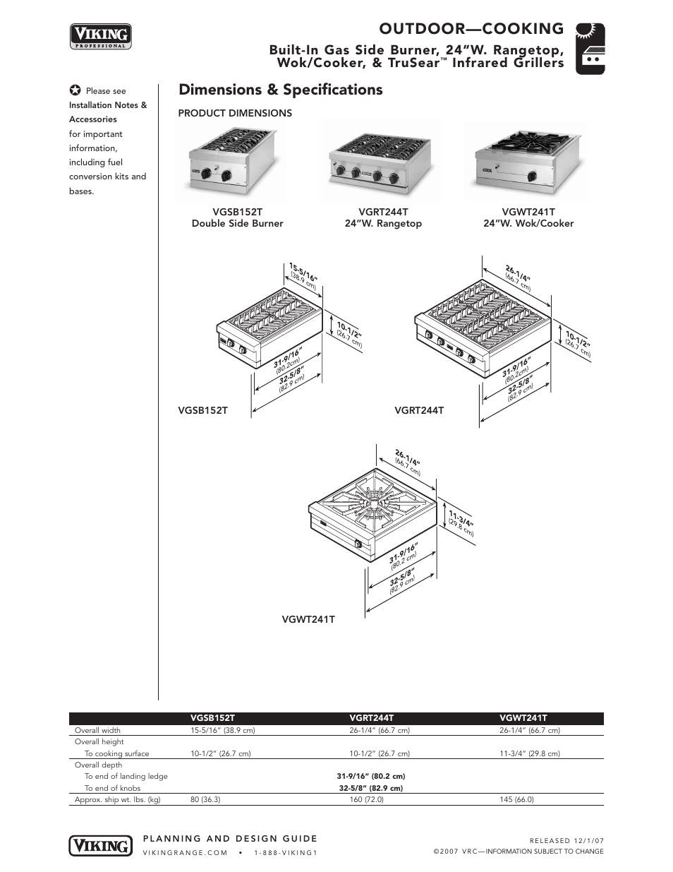 Outdoor—cooking, Dimensions & specifications, Infrared grillers | Viking VGSB152T User Manual | Page 3 / 7
