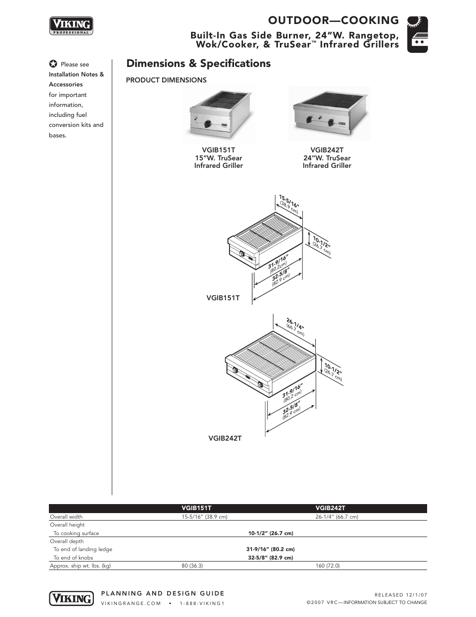 Outdoor—cooking, Dimensions & specifications, Infrared grillers | Viking VGSB152T User Manual | Page 4 / 7