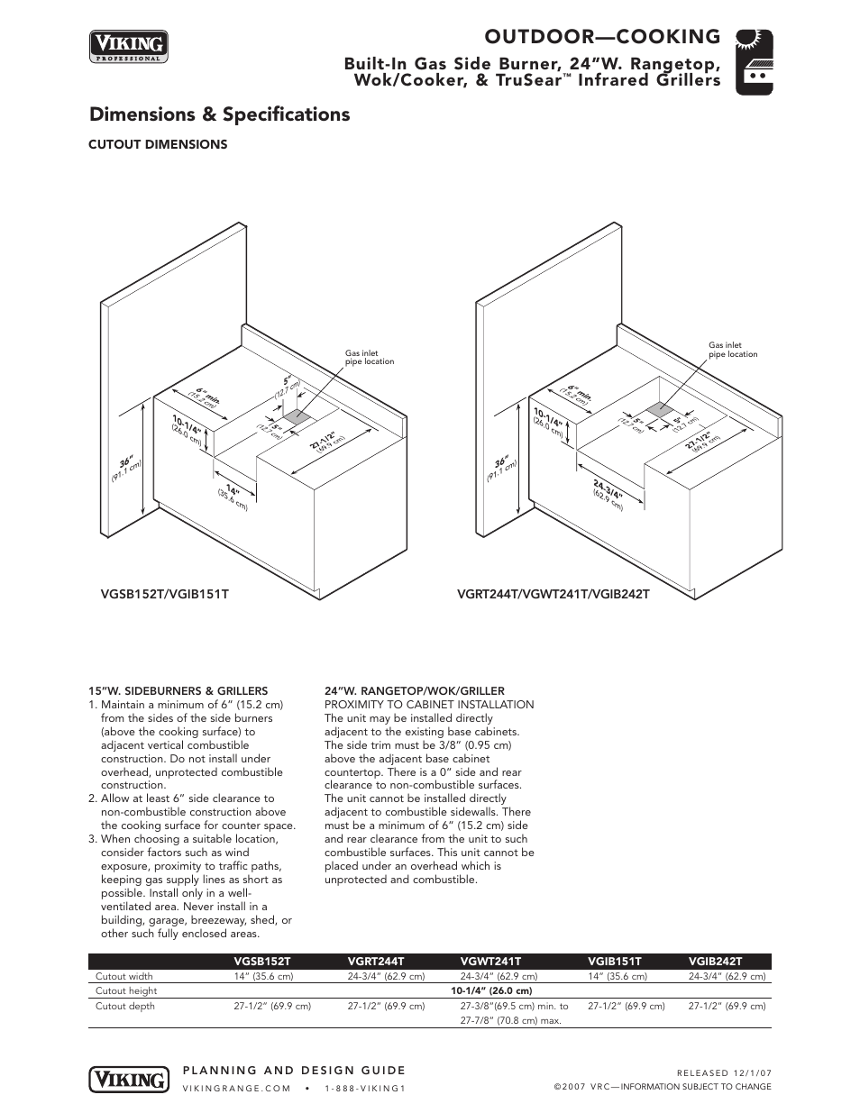 Outdoor—cooking, Dimensions & specifications, Infrared grillers | Viking VGSB152T User Manual | Page 5 / 7