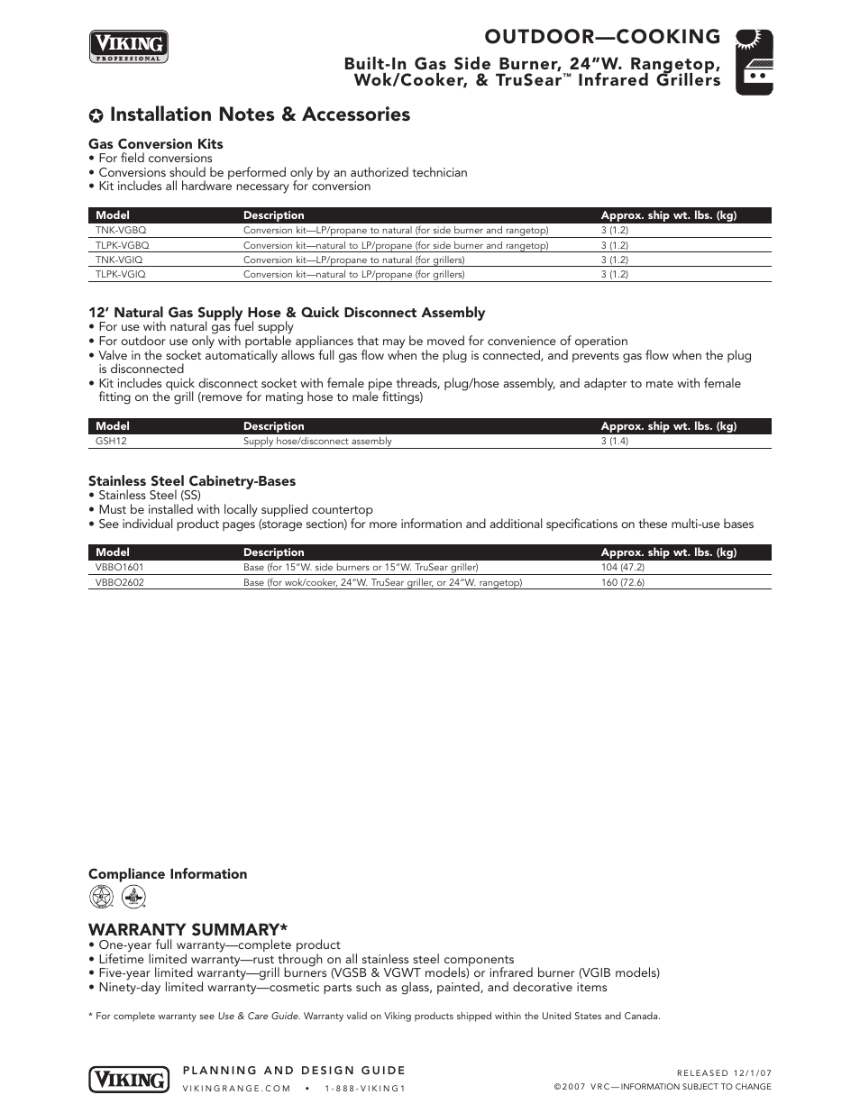Outdoor—cooking, Infrared grillers, Warranty summary | Viking VGSB152T User Manual | Page 7 / 7