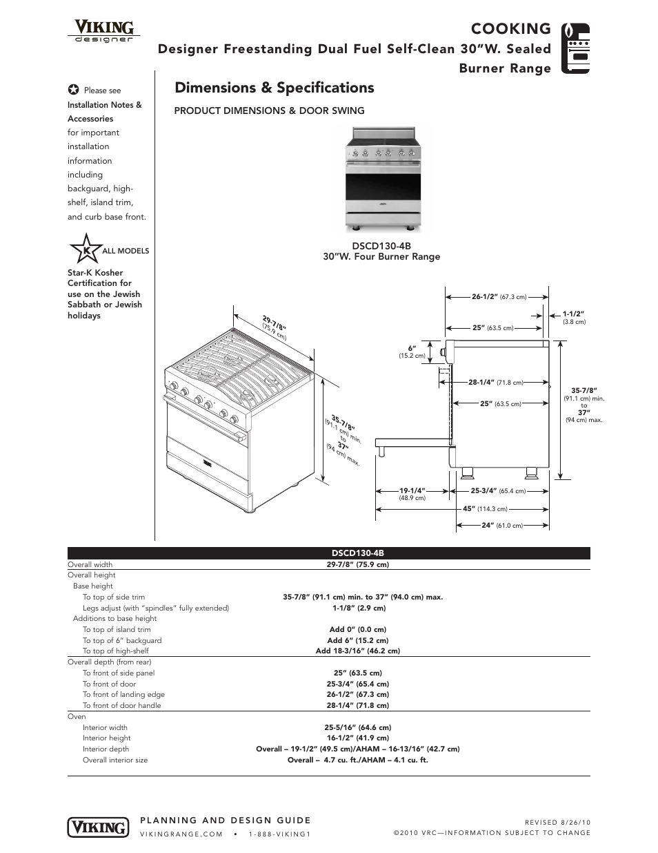 Cooking, Dimensions & specifications | Viking DSCD130-4BSS User Manual | Page 2 / 7