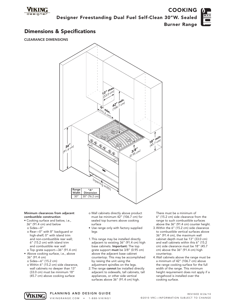 Cooking, Dimensions & specifications | Viking DSCD130-4BSS User Manual | Page 3 / 7