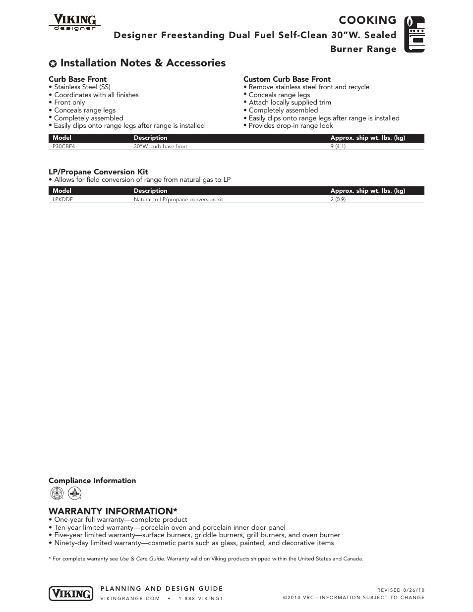 Cooking, Warranty information | Viking DSCD130-4BSS User Manual | Page 6 / 7