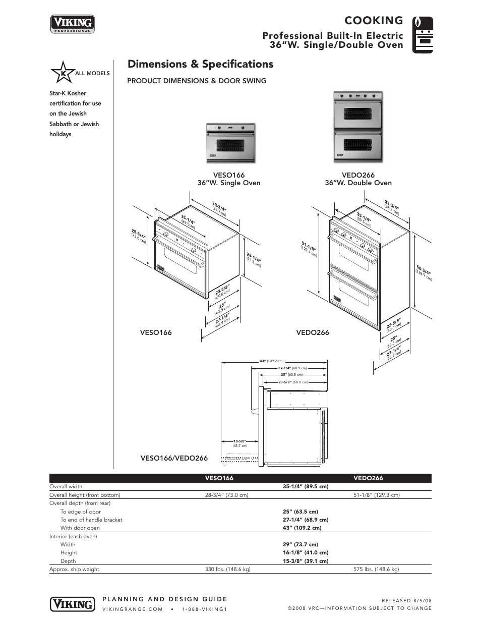 Cooking, Dimensions & specifications, Product dimensions & door swing | Viking VESO166 User Manual | Page 2 / 4