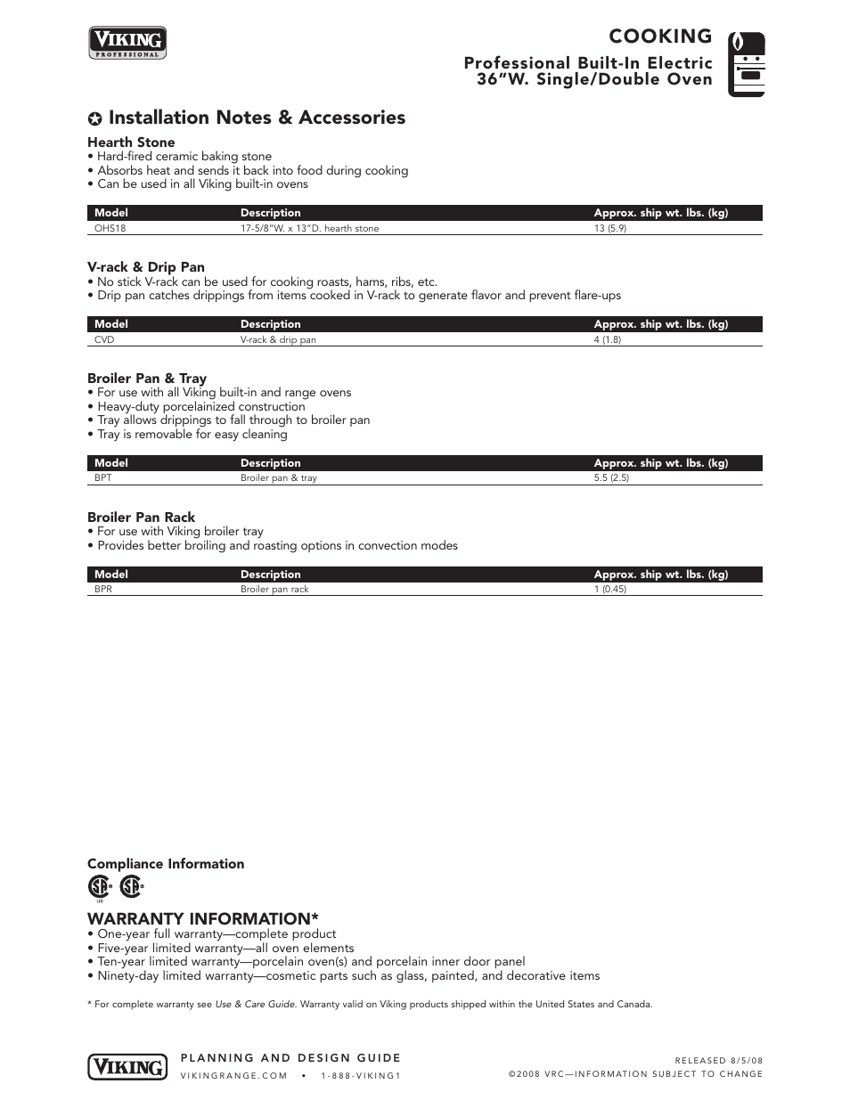 Cooking, Warranty information | Viking VESO166 User Manual | Page 4 / 4